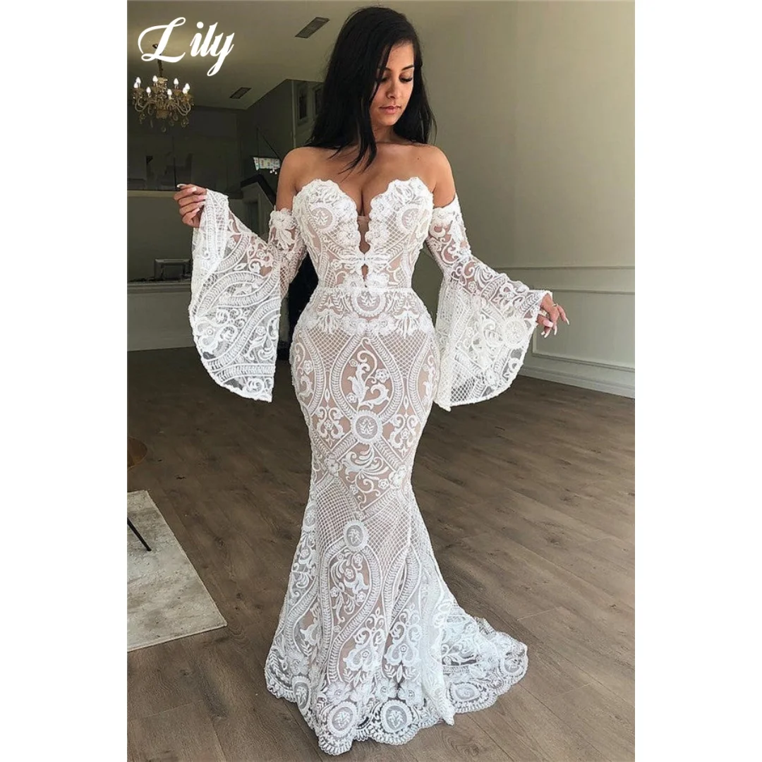 

Lily White Lace Formal Prom Dress Off-The-Shoulder Flare Sleeve Party Dress Special Occasion Evening Dress For Women Customized