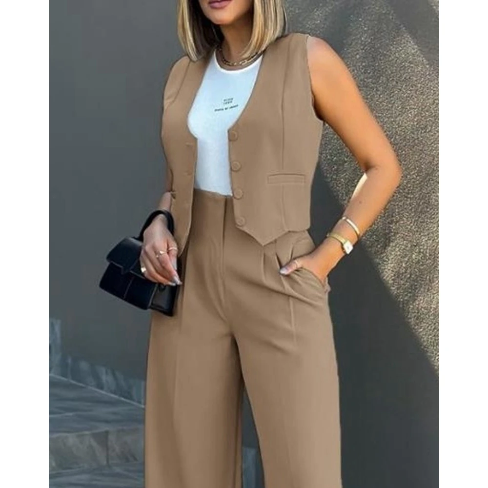 Conjunto de ropa de trabajo de 2 piezas para mujer, conjunto de Top y pantalones de pierna ancha con botones y cuello en V, traje de negocios para