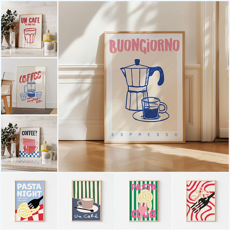 Moderno, moderno, Retro, Vintage, Pasta, café, Espresso, impresiones artísticas de pared, lienzo, pintura, póster, imagen para oficina, cocina, decoración del hogar