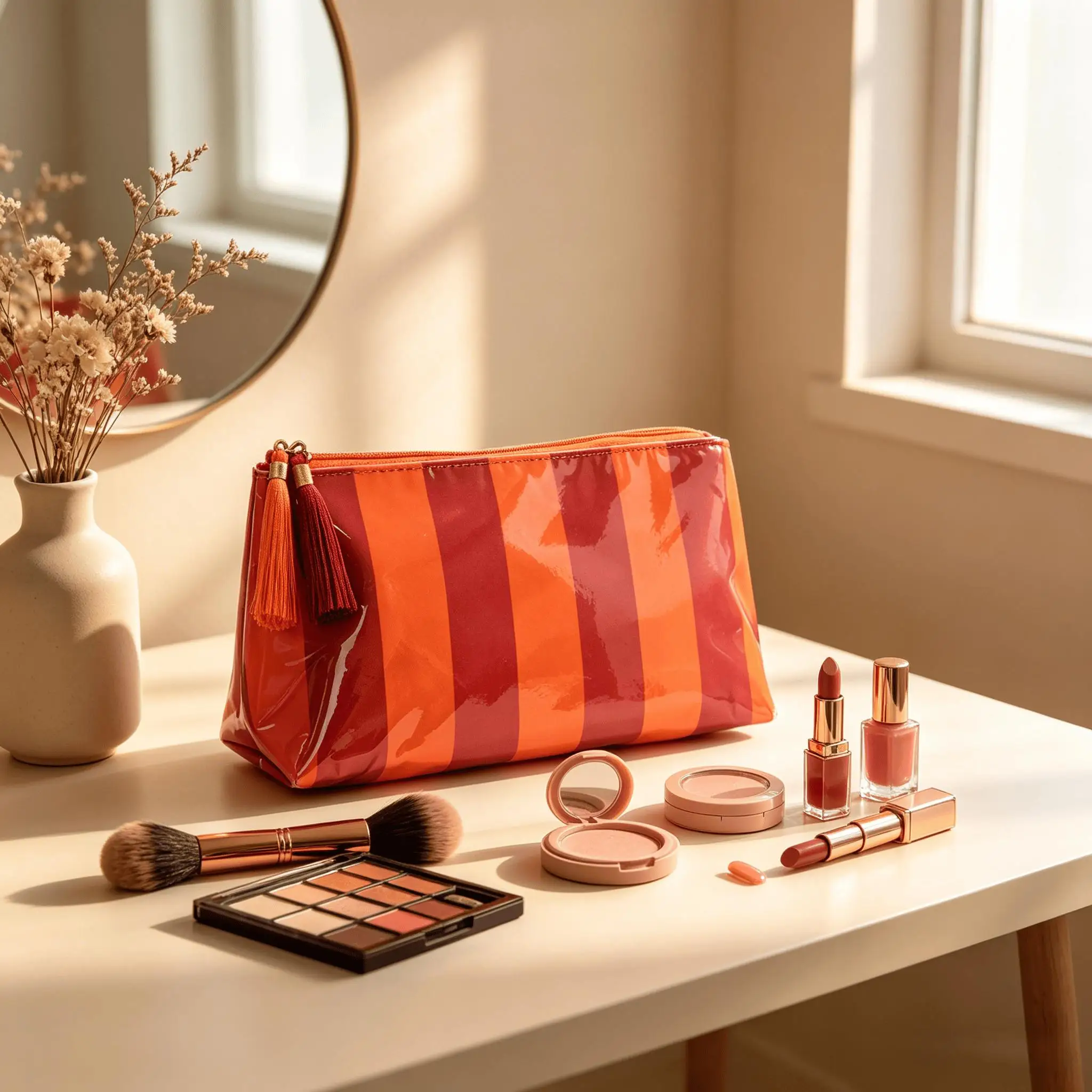 Große Kosmetiktasche mit Anhängerquaste, Aufbewahrungstasche für Kosmetik und Toilettenartikel, Aufbewahrungstasche für Studenten und den Heimgebrauch, gestreifte Kosmetiktasche, Kosmetiktasche mit wasserdichten Kanten – Detail 3