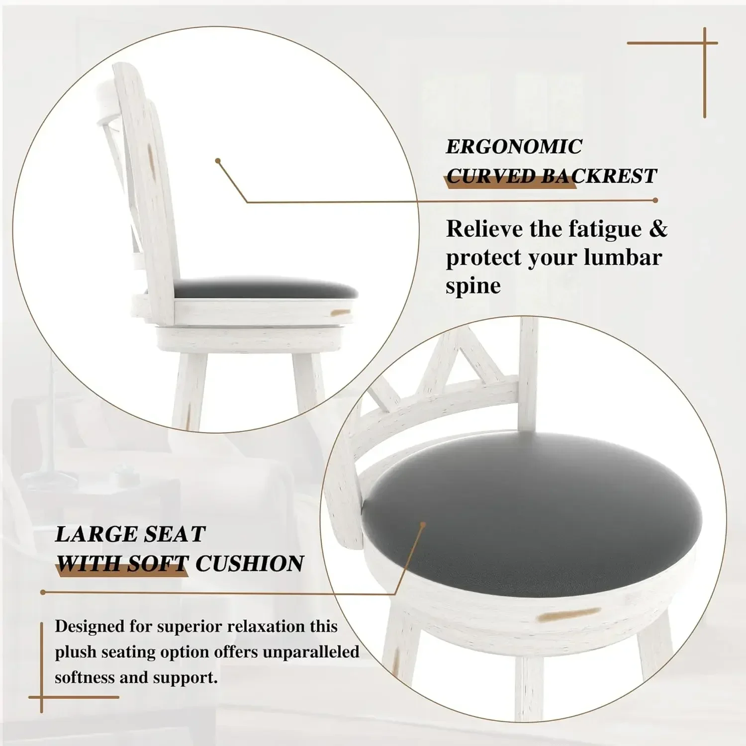 24" Counter Height Swivel Bar Stools - High Back Swivel Counter Stools with Upholstered Seat & Solid Wood Footrest, Counter Bar