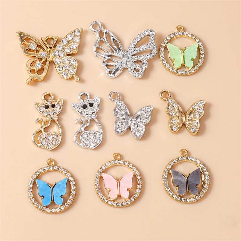 20 Stück Niedliche Kristall-Metall-Tieranhänger (Schmetterling, Katze) für Schmuckherstellung, Halsketten, Ohrringe, Armbänder, DIY-Bastelzubehör – Detail 1