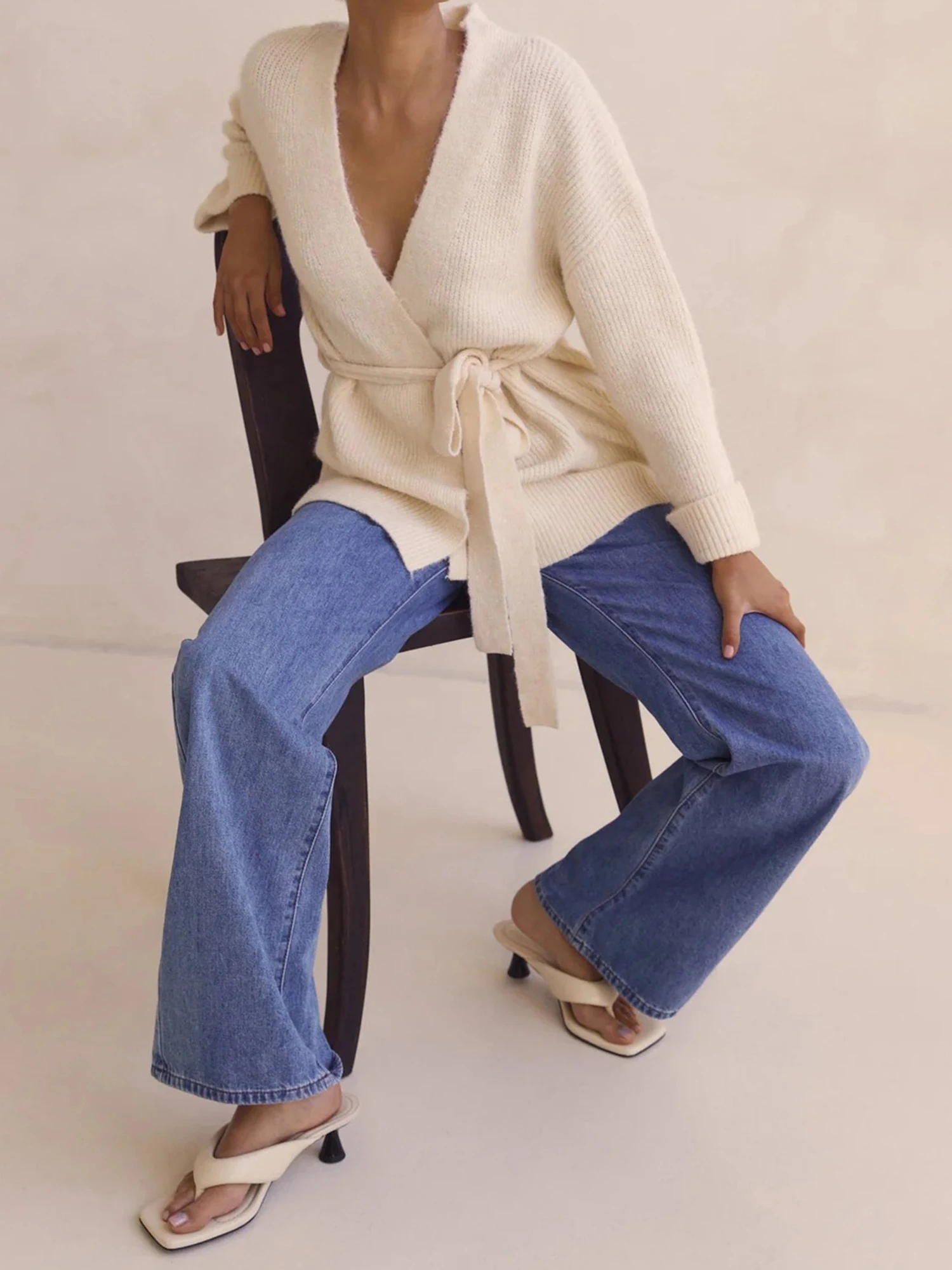

New Fashion Womens Belted Cardigan Long Sleeve V Neck Solid Color Knit Sweater Elegant Fall Outwear Club Street Style S-XL