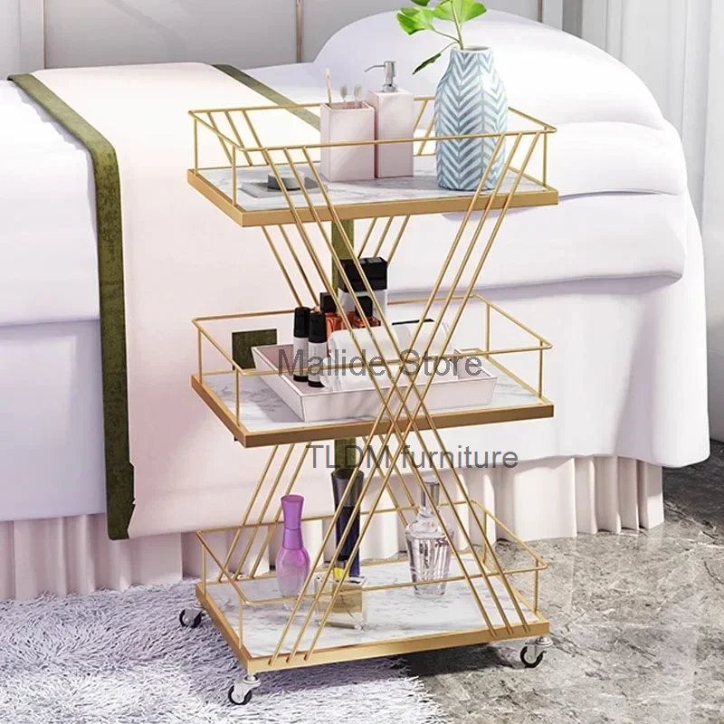 

Iron Art Salon Trolleys Light Luxury Golden Rack Modern Salon Furniture Beauty Salon Trolley with Wheels Home Multi-layer Rack