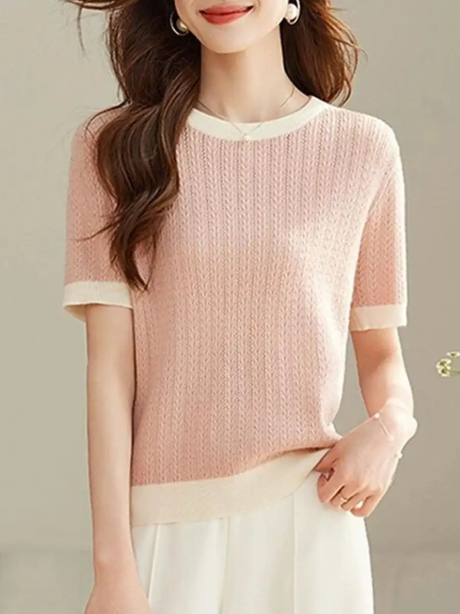 conjunto-de-duas-pecas-feminino-de-verao-em-seda-gelada-com-malha-solta-camiseta-de-manga-curta-com-decote-redondo-detalhes-vazados-blocos-de-cores-e-detalhe-torcido-ampla-variedade