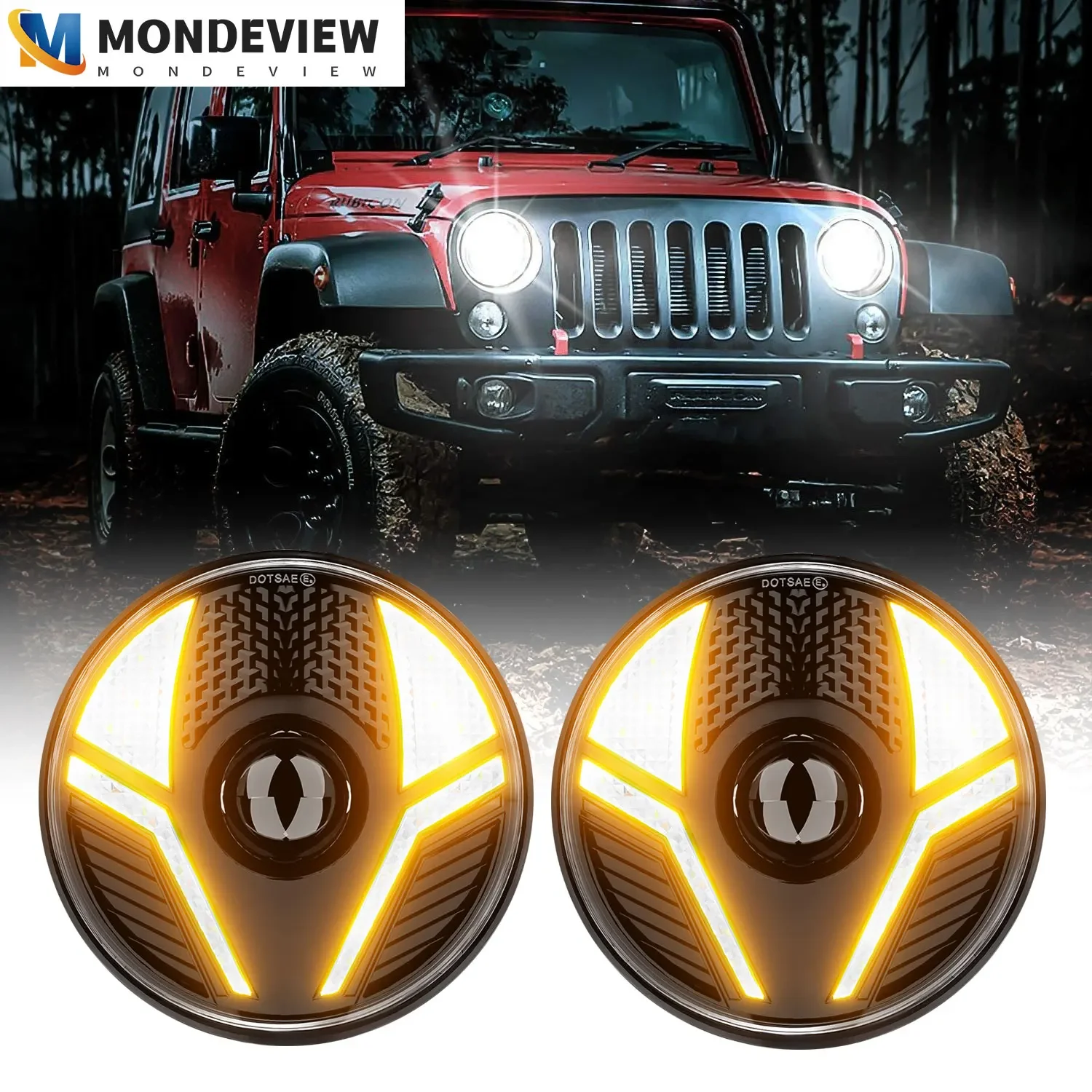 

MONDEVIEW R14 H4 7-inch 280W high-power Wrangler headlights 6000K white 38000LM high brightness car daytime running lights