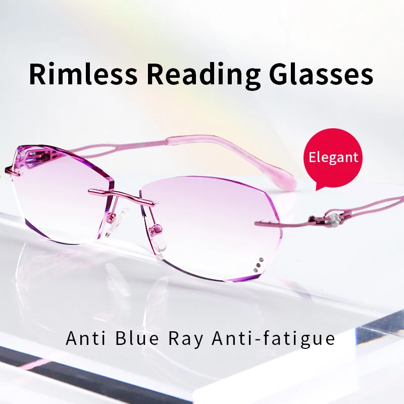 

Rimless Readers Blue Light Proof Reading Glasses for Women, Anti Glare Filter Lightweight Magnifying Presbyopia Eyeglasses