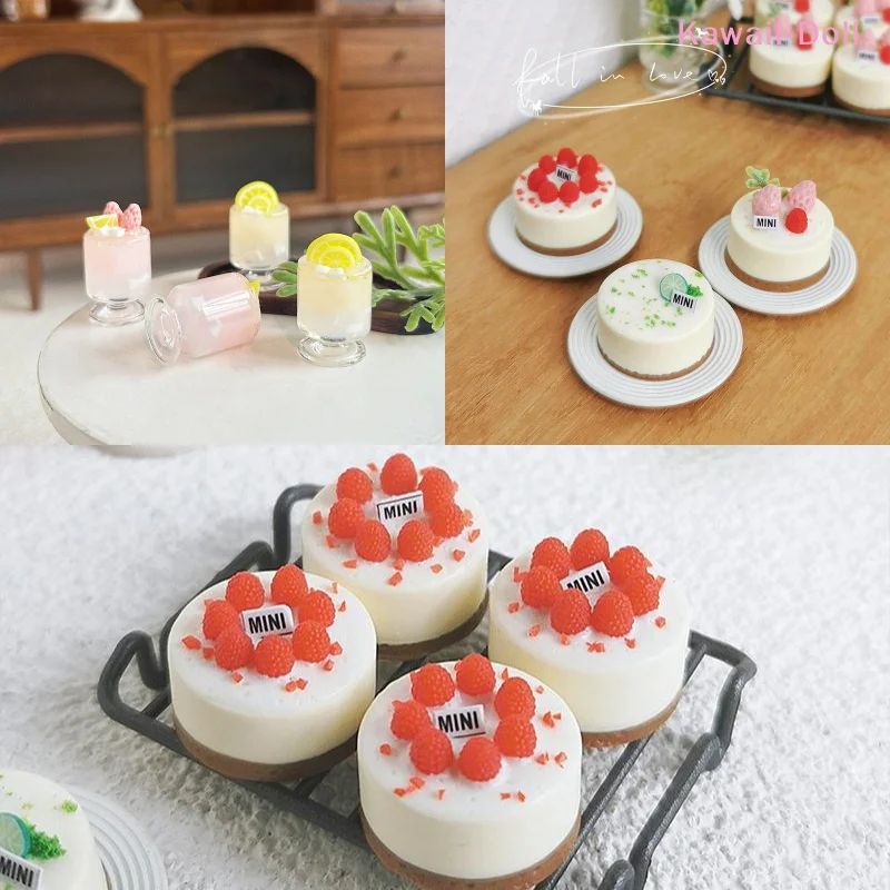 

1Pcs Miniature Dollhouse Simulation Clay Strawberry Fruit Cake Mini Ice Drink Model Doll House Accessories Cute Bakery Cake Toys