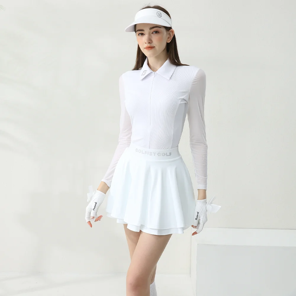 Summer Golf Women's Long Sleeve Tennis Skirt Set Women's Ice Silk Top Golf Clothing Women's Breathable pleated Skirt