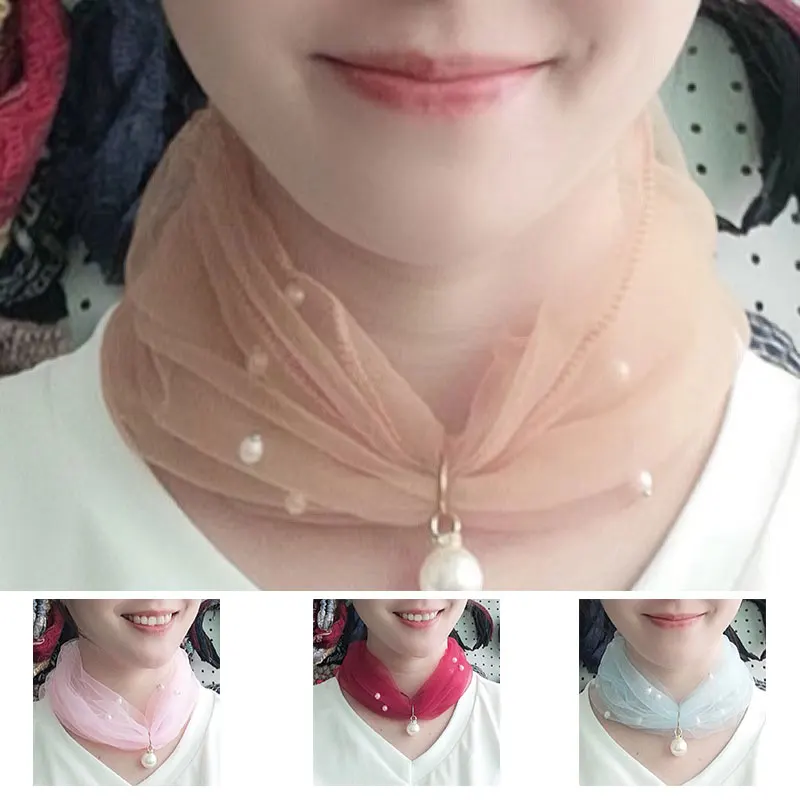 Fashion Solid Color Thin Neck Collar For Women Fake Pearl Pendant Organza Lace Scarf Elegant Female Sunscreen Silk Mesh Scarves