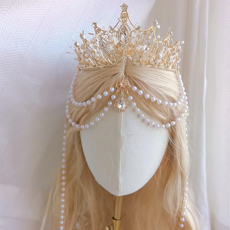 

Style Pearl Tassel Crown Female Two-Dimensional Golden Exaggerated Tuinga Western Hair Accessories Studio Photography Headdress