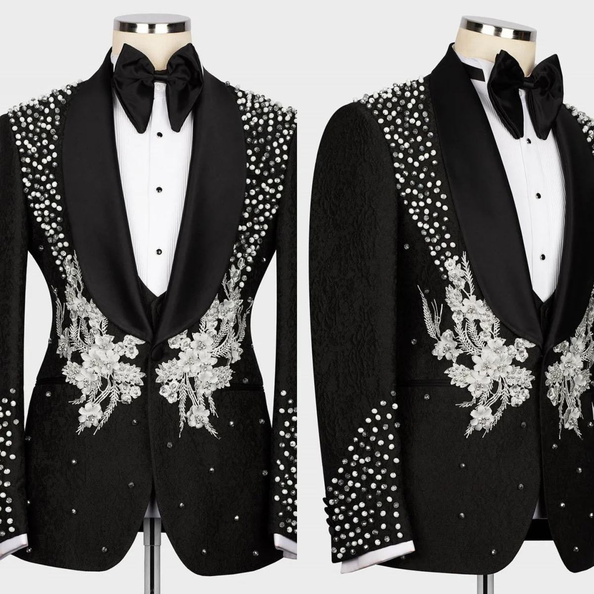 Exquisite Men Wedding Suits Shawl Lapel Single Breasted Beads Appliques Tuxedos Groom Party 2 Pcs Blazer Pants Customized Made