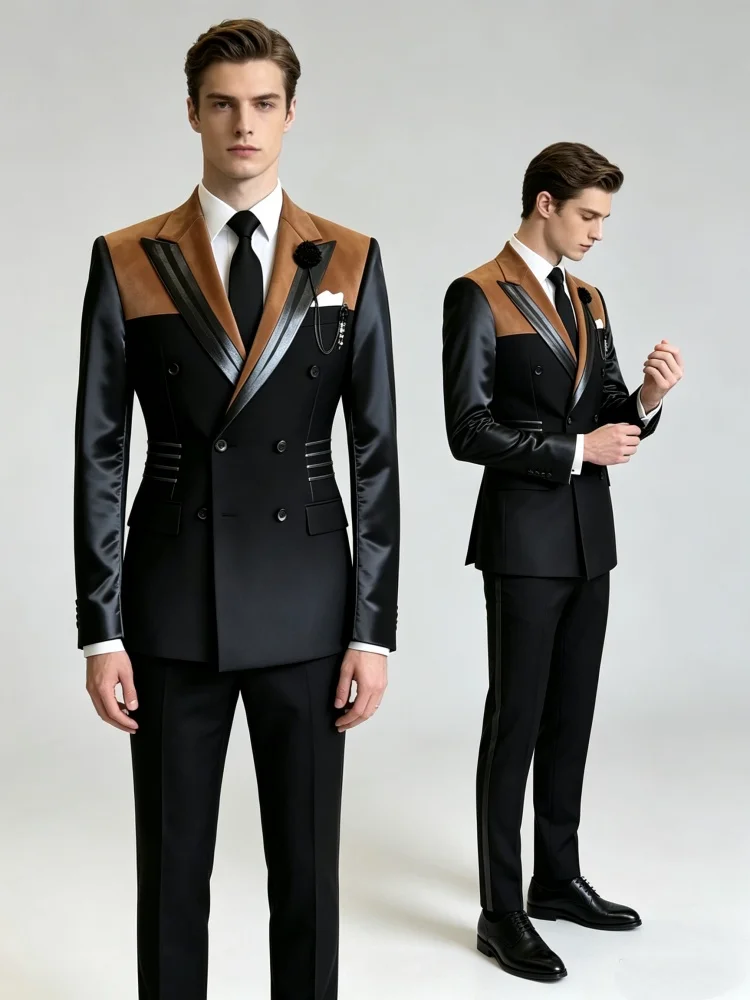 Men Multi‑Panel Contrast‑Trim Peak‑Lapel Double‑Breasted Slim‑Fit Wedding Formal Blazer Jacket