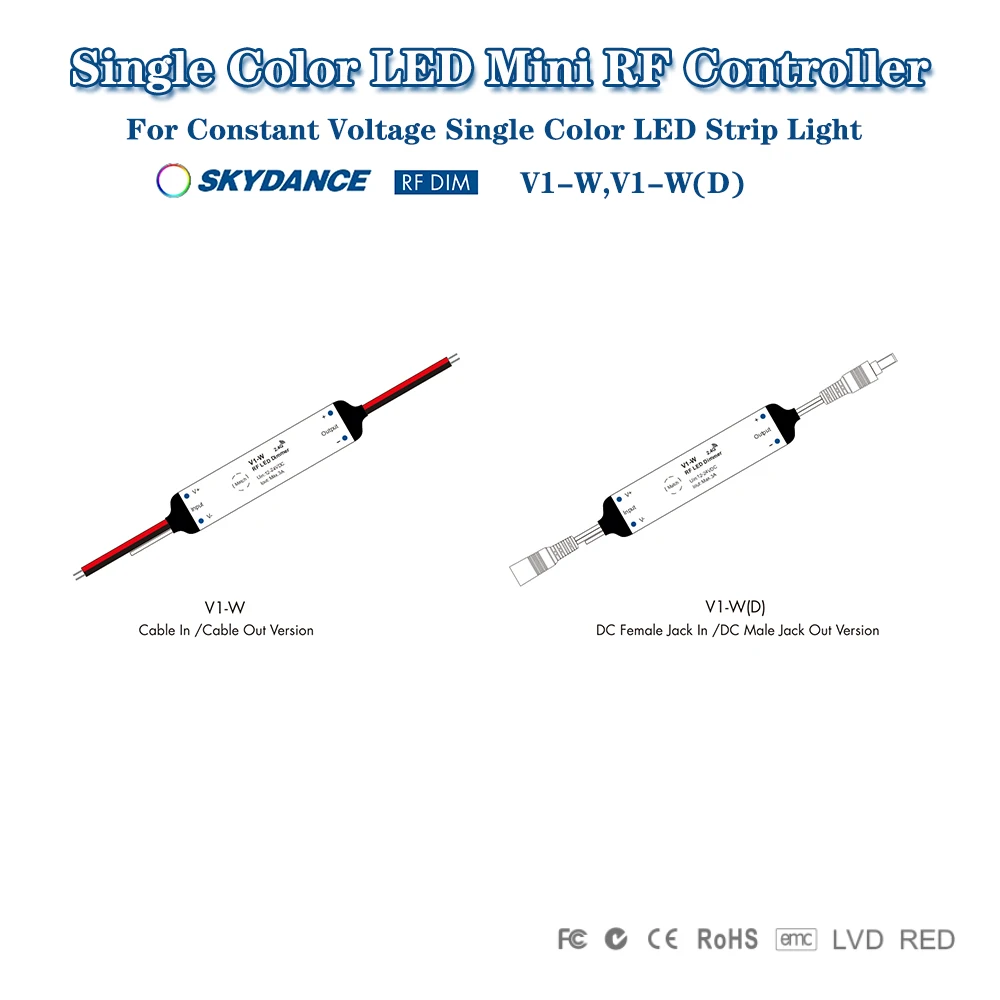 

Skydance V1-W V1-W(D) DC12-24V Mini 2.4GHzRF 5A 1CH Constant Voltage 0 -100% Dimming LED Controller For Single Color LED Strip