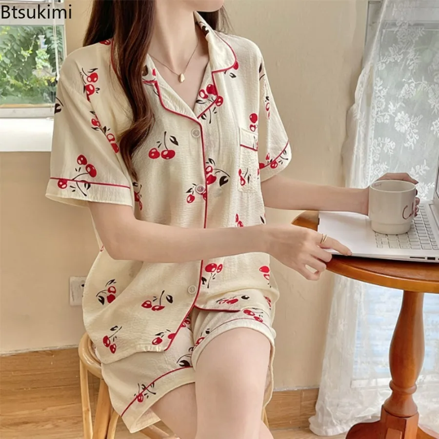 New 2025 Summer 100% Cotton Sleepwear Pajamas for Women Pijama Cherry Print Pyjamas  Set Two-piece Set Cute Loungewear Ladies