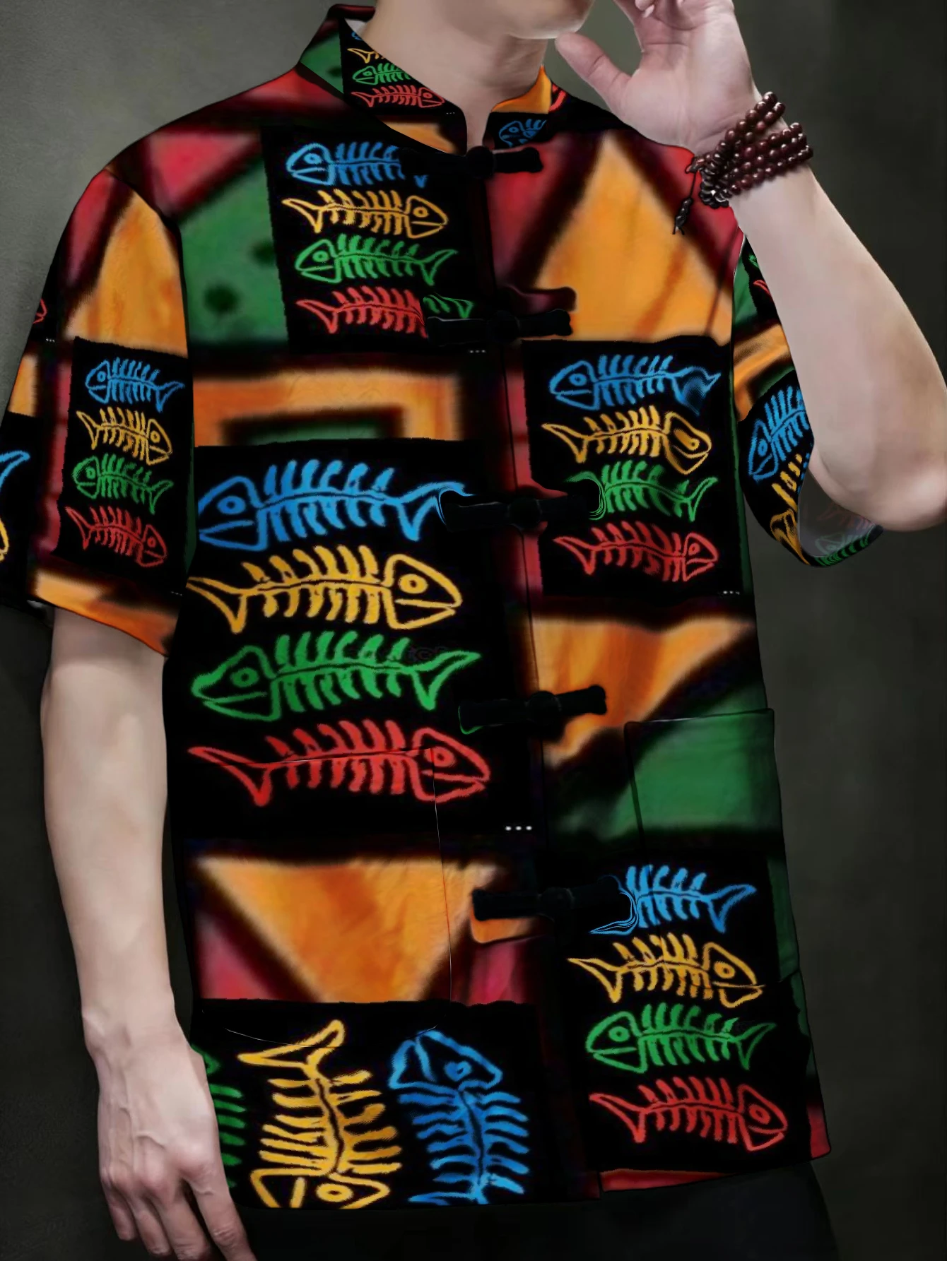 Men Mandarin Collar Frog Button Short Sleeve Shirt Tropical Sunset Scenery Print Oriental Casual Top With Dual Front Pockets