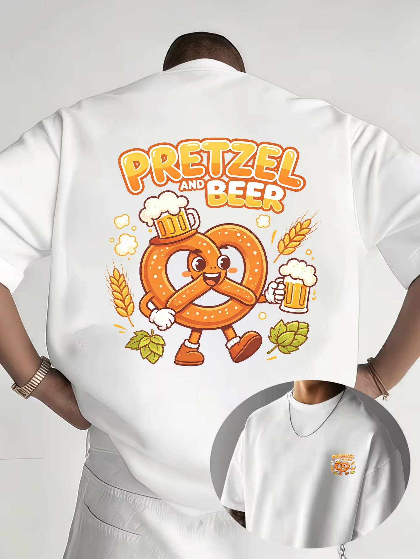 Pretzel And Beer Graphic T‑Shirt Oktoberfest Cartoon Pretzel Character Wheat Hop Print Casual Short Sleeve Tee