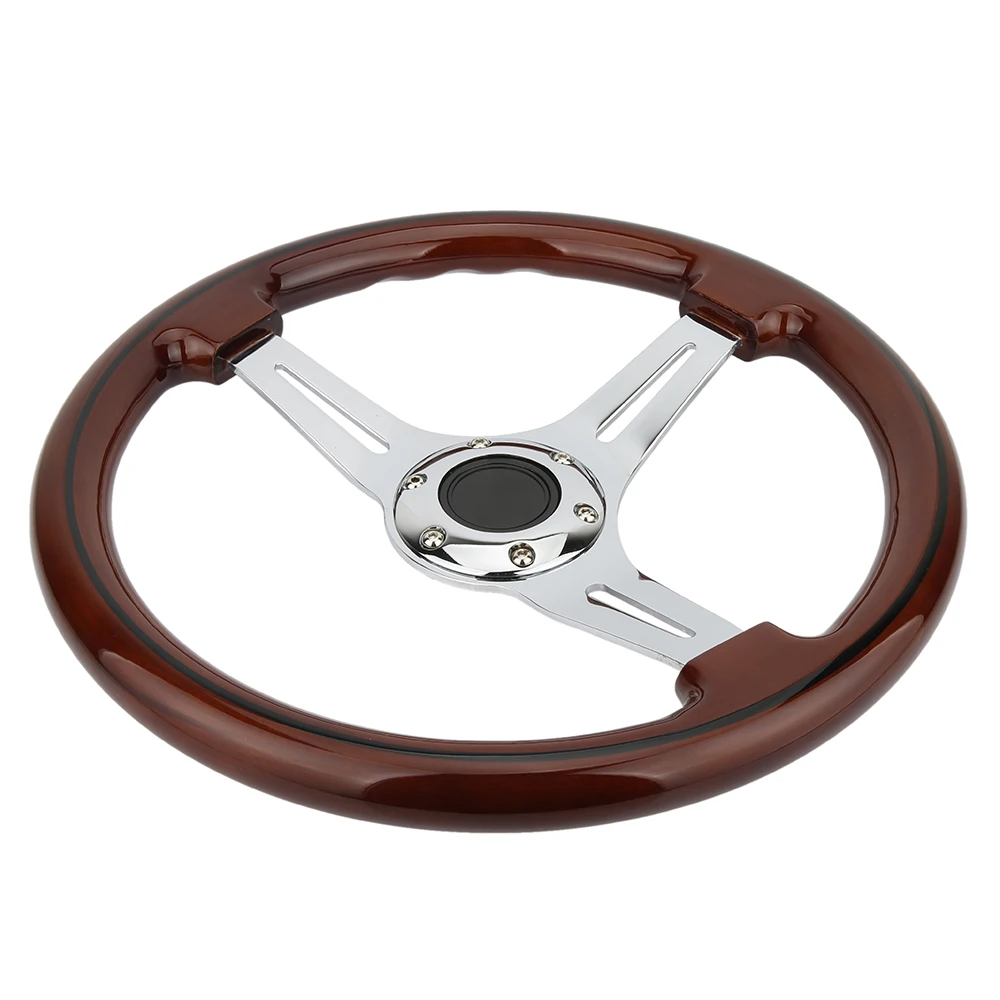 14'' Wood Grain Black Trim Classic Wooden Chrome Spoke Steering Wheel 350mm New
