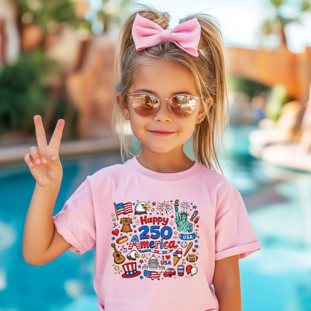 Happy 250 T-Shirt 1776-2026 USA 250th Anniversary Shirt Kids Doodle Patriotic USA Tee Boys and Girls Fashion Casual Cotton Tops