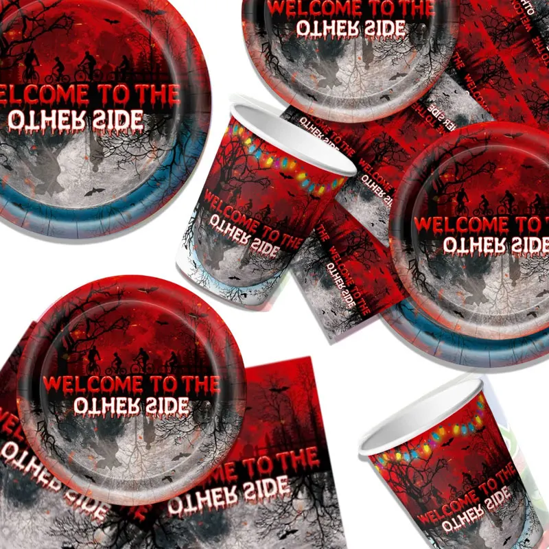 Stranger-Themen-Geburtstagsdekoration Horrorfilm-Geschirr Tasse Teller Tischdecke Luftballons Banner Geschenktüte Snackbox Partyzubehör – Detail 4