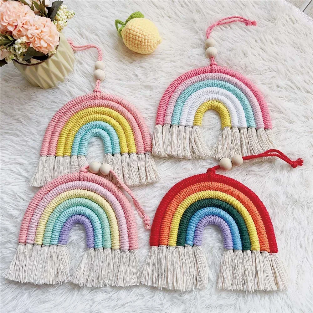 Handmade Woven Cotton Rope Rainbow Tassels Bead Boho Style Pendants Rainbow Children'S Room Wall Hanging Holiday Decoration