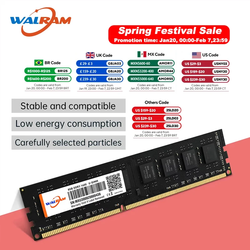 WALRAM DDR3 RAM 8GB 1333MHz 1600MHz Desktop Memory PC3 12800U 10600U Desktop 240Pins 1.5V Memoria RAM DDR3 Compatible Intel