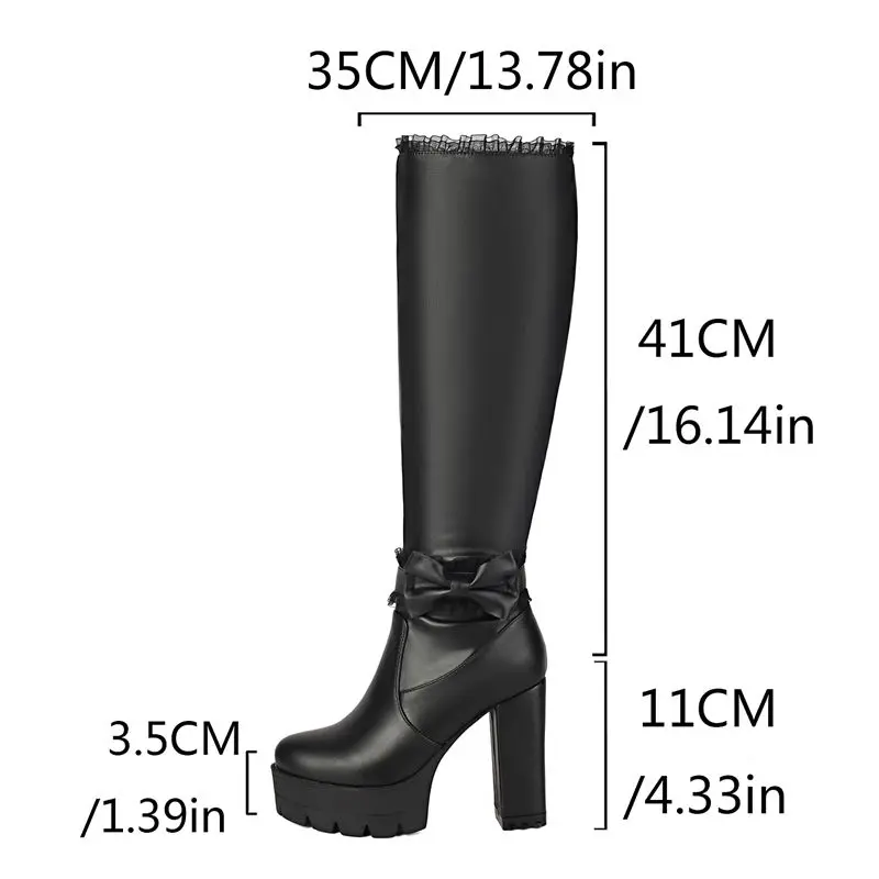 REAVE CAT 2026 Lovely Ladies Dating Knee High Boots Round Toe Block Heels 11cm Sole 3.5cm Zip Bow Plus Size 48 49 50