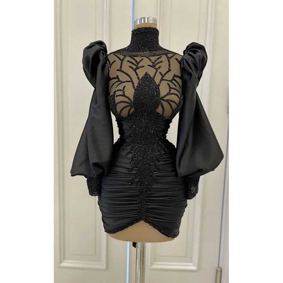 

Vintage Black Women Evening Dress Ruffle Long Sleeve High-Neck Above Knee Pleat Beaded Vestidos Special Occasion Mini Skirt