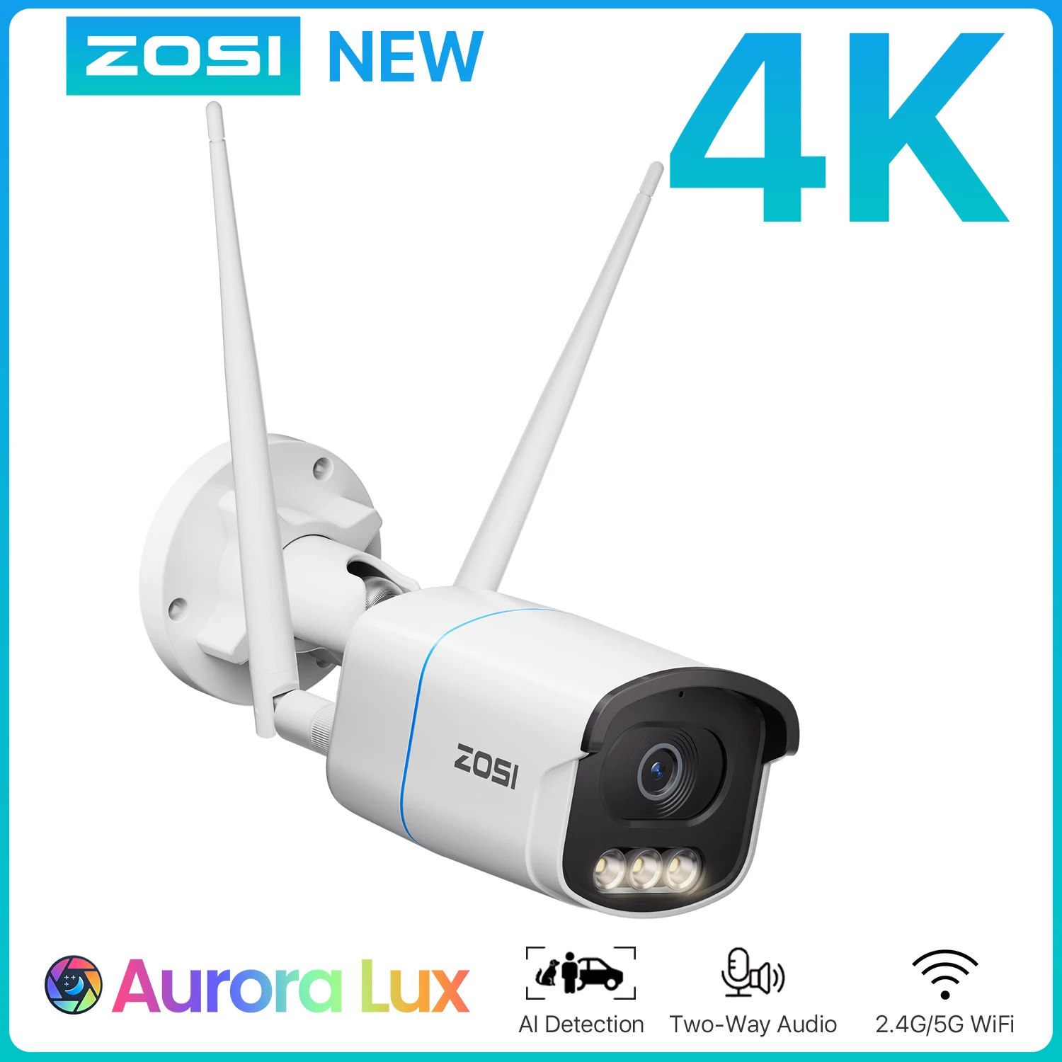 ZOSI C186A 4K 8MP/5MP Aurora Lux WiFi Camera True Full Color Night 2.4/5GHz WiFi AI Detection Outdoor HD CCTV Video Surveillance