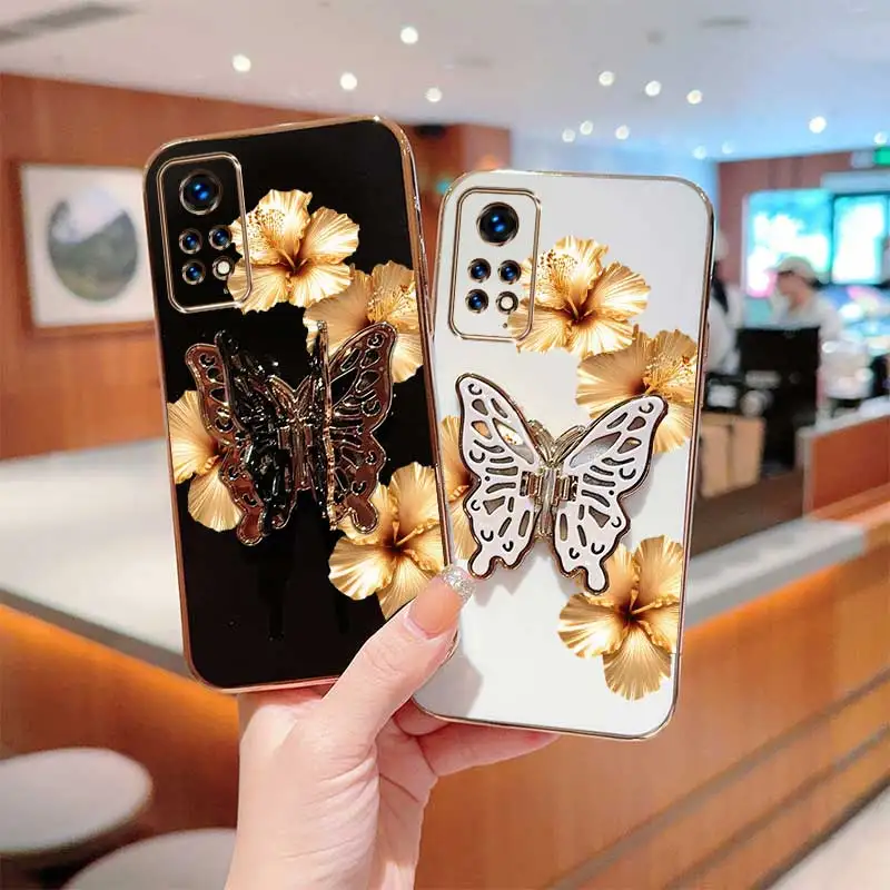 2pcs(Beautiful golden hibiscus phone Case+Butterfly Stand) For Redmi Note 11 Pro 5G/Note 12S/Note 11 Pro+5G Phone Case