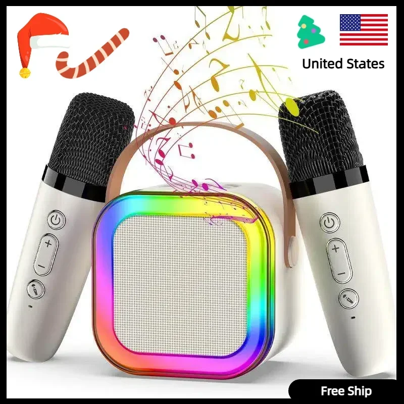 Premium Bluetooth 5.3 Karaoke Set! 2 Wireless Microphones + RGB Lights, Rechargeable Portable PA System, Ideal Children’s Gift