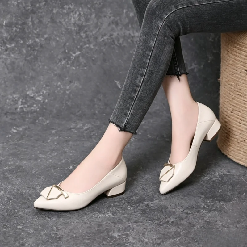 Pointed Toe Square Buckle Low Heel Pumps, Versatile Commuter Soft Leather Chunky Heel Slip-On Shoes for Women
