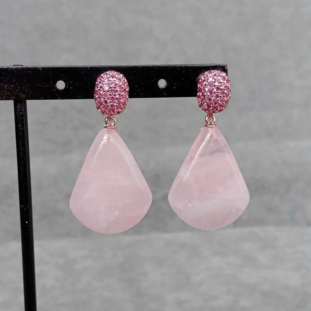 YYGEM 20x24mm Natural Fan Shape Rose Quartz Drop Fuchsia Cz Pave Stud Earrings