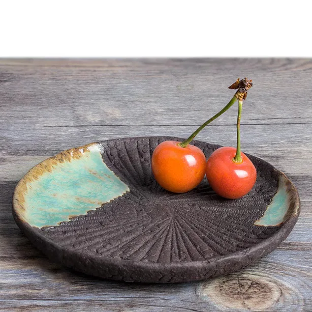

Japanese Style Rough Pottery Tea Plate Handmade Round Mat Cup Holder Pot Small Dim Sum Nostalgic