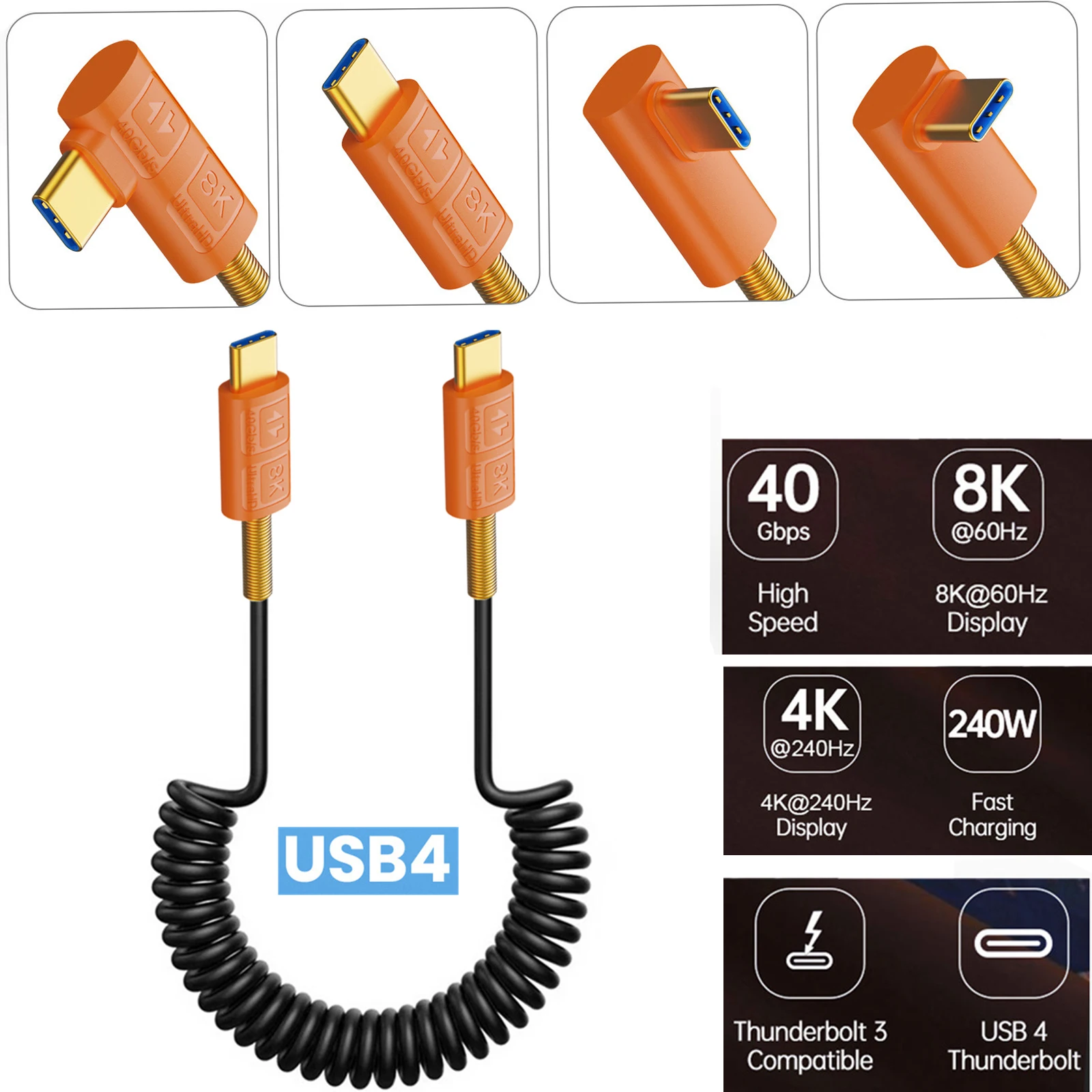 3.3FT H4GA Spring Coiled Data Cable USB Type C Telescopic Wire Line Adjustable Length up to 1.1m Support 240W Charging
