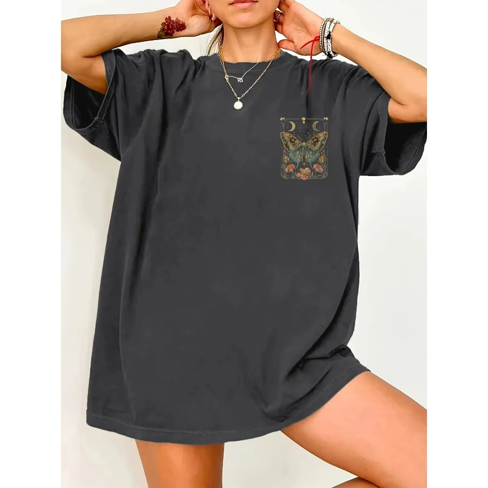 Women's Plus Size Butterfly Moon Flower Print T-shirt Breathable Cotton Casual Versatile Short Sleeve Ladies Graphic Tee