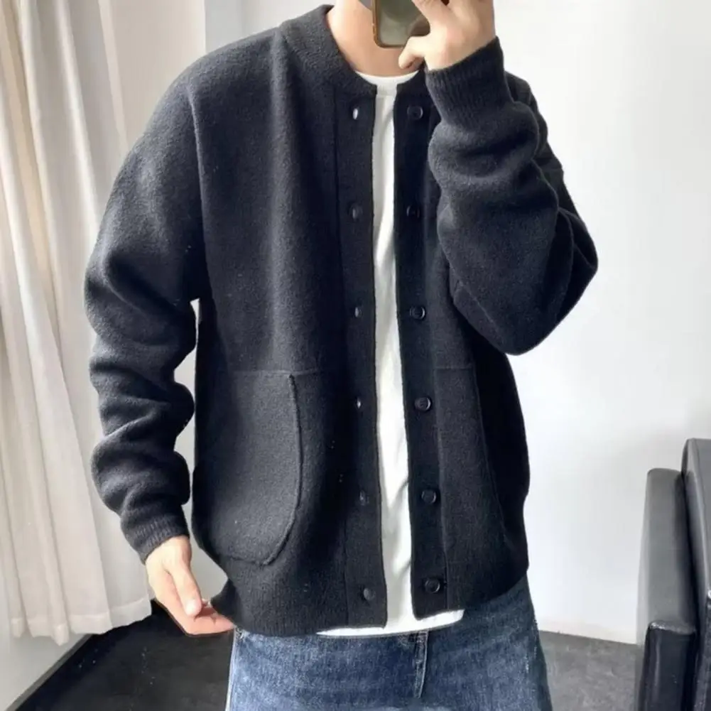 

Men Knit Cardigan Stylish Men's Round Neck Cardigan Knit Coat For Wear Long Sleeves Single-breasted Sweater Jacket Comfortable