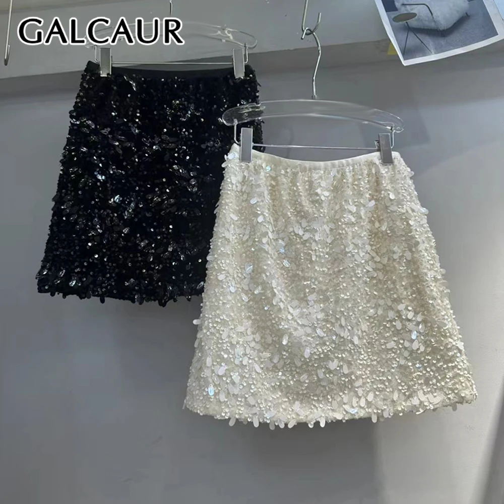 GALCAUR 솔리드 스플라이스 스팽글 시크 스커트 여성용 하이 웨이스트 루즈 스트리트웨어 파티 여성용 짧은 치마 여름 패션 신상
