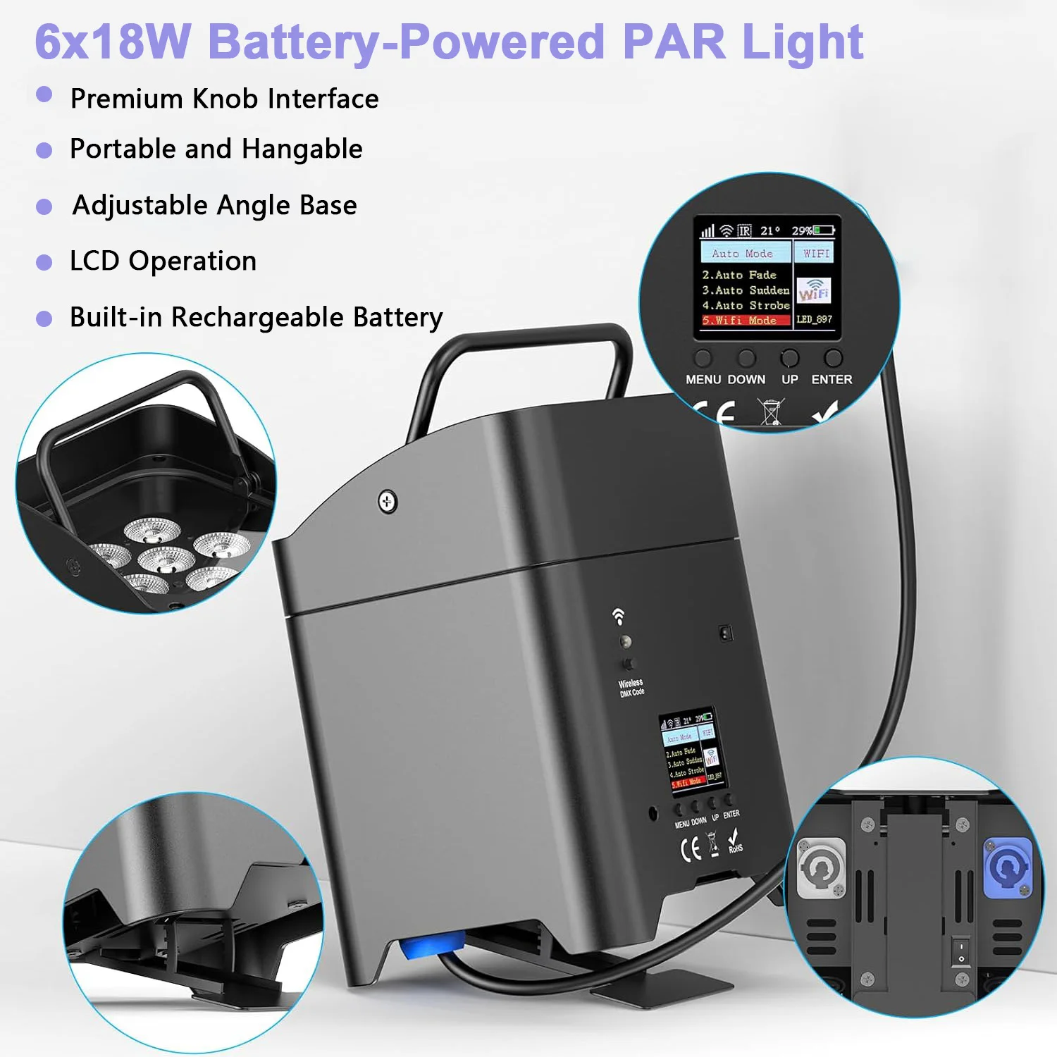 بطارية لاسلكية 6x18 واط RGBWA + UV DJ Par LED Uplight DMX APP واي فاي عن بعد لإضاءة حفلات المسرح DJ مع غطاء للمطر