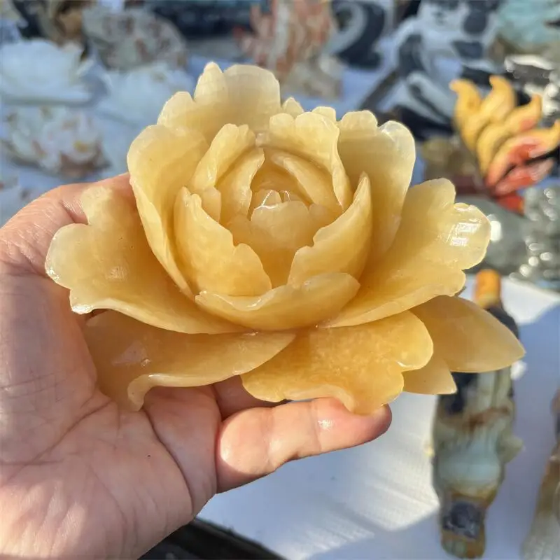 

Natural Yellow Calcite Flower Carving Handicraft Ornaments Gift Energy Gemstone Home Decoration Gift 1pcs