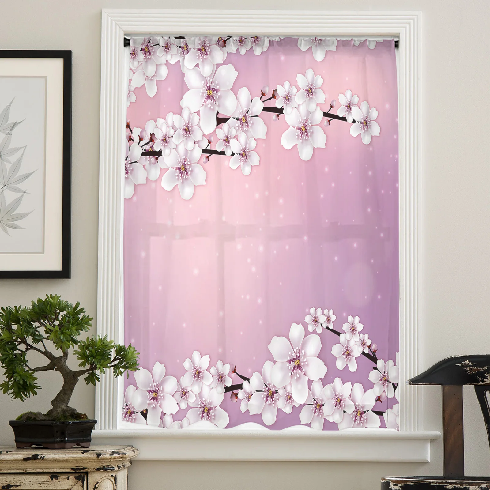 Spring Cherry Blossom Dream Gradient Sheer Curtains Living Room Bedroom Kitchen Decoration Window Voiles Organza Tulle Curtain