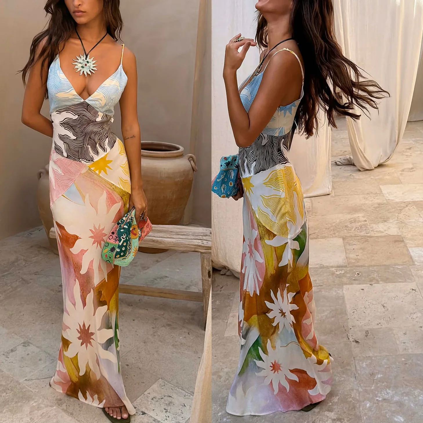 Picture 3: Summer New Print Spaghetti Strap Dress Women Summer New Fashion Sexy Deep V-neck Slim Dresses Vacation Style Bodycon Vestidos