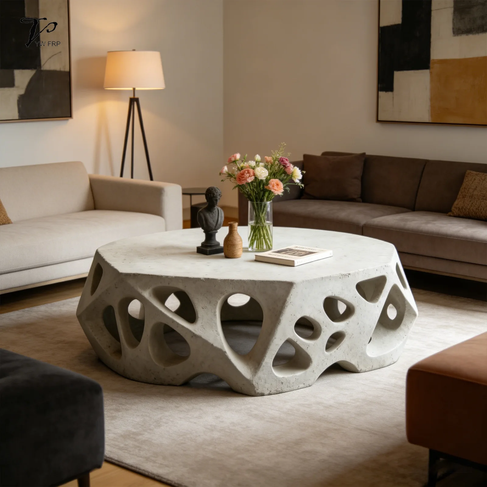 ✿q Custom-designed Faceted Openwork GRC Luxury Modern Coffee Table Low Height Grey Japanese Style Weatherproof Durable