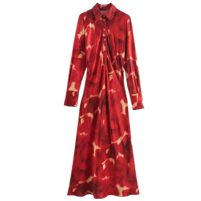 Ele Autumn Winter New Arrival Women's Dr Silk Satin Print Long Sve irt Dr Versatile Quali Faion 9092