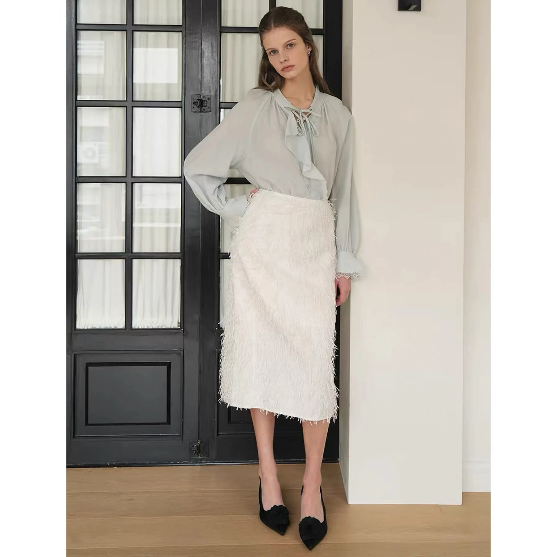 NingYao SAT26 Spring Fashionable Elegant Tassel High Waist Midi Skirt Straight Cut Versatile Ladies' Premium Quality Skirt