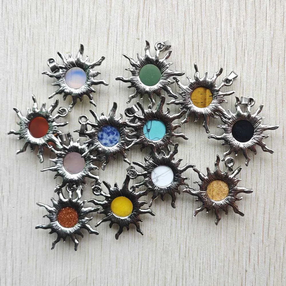 New Mix Natural Gemstone Silver Plated Alloy Sun Flower Pendants DIY Jewelry Accessories Making Wholesale 12pcs Free Shipping