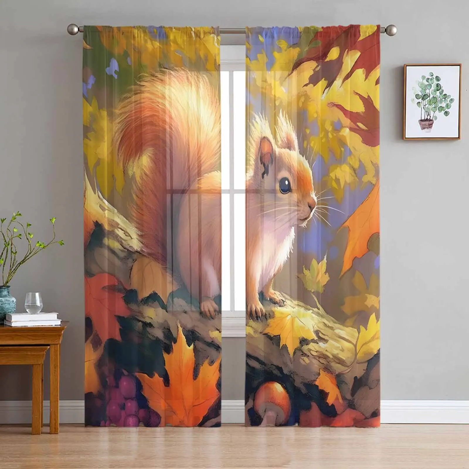 Forest Squirrel Maple Leaf Mushroom Sheer Curtains for Living Room Bedroom Home Decoration Window Voile Tulle Curtain Drapes