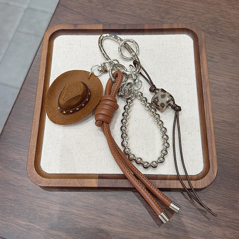 Lucky Cowboy Hat Keychain Pendant Handmade Braided Rope Faux Leather Charm Good Fortune Blessing Decor For Car Keys Bag Purse