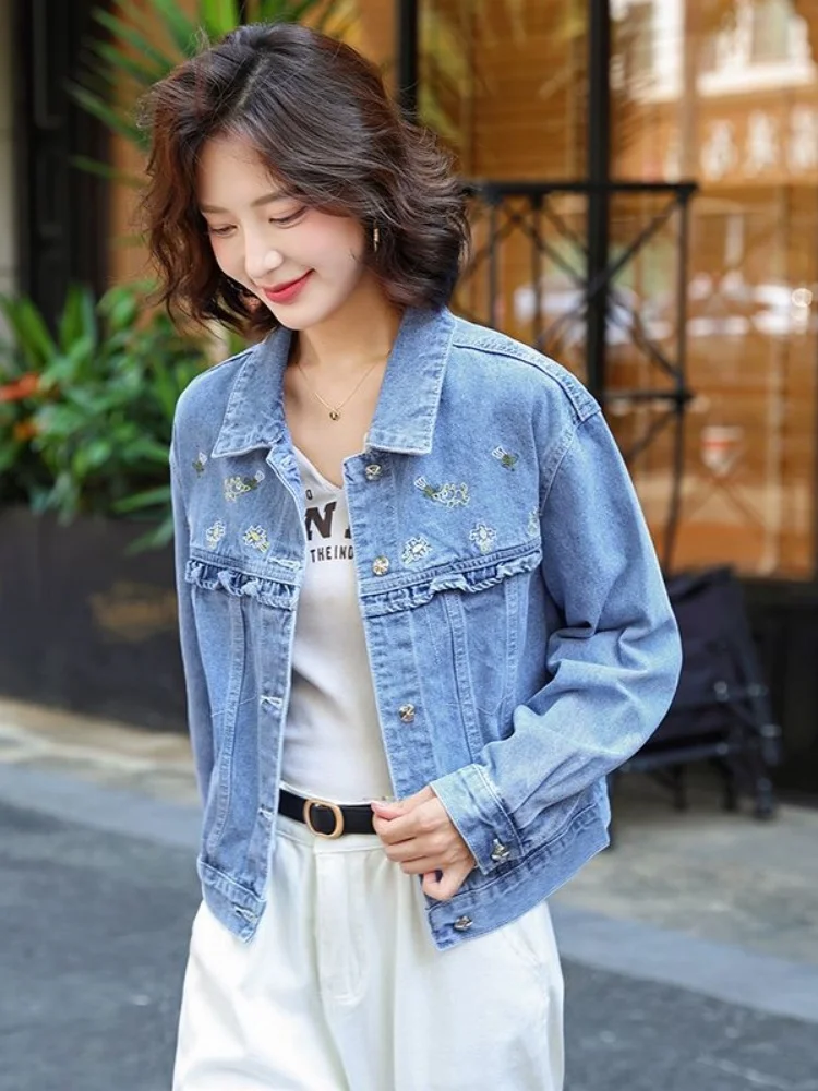 Korean Sle Fre Embroidered ort Denim Jaet Women's Autumn Faion Design Unique Top Trendy Button up Casual Coat