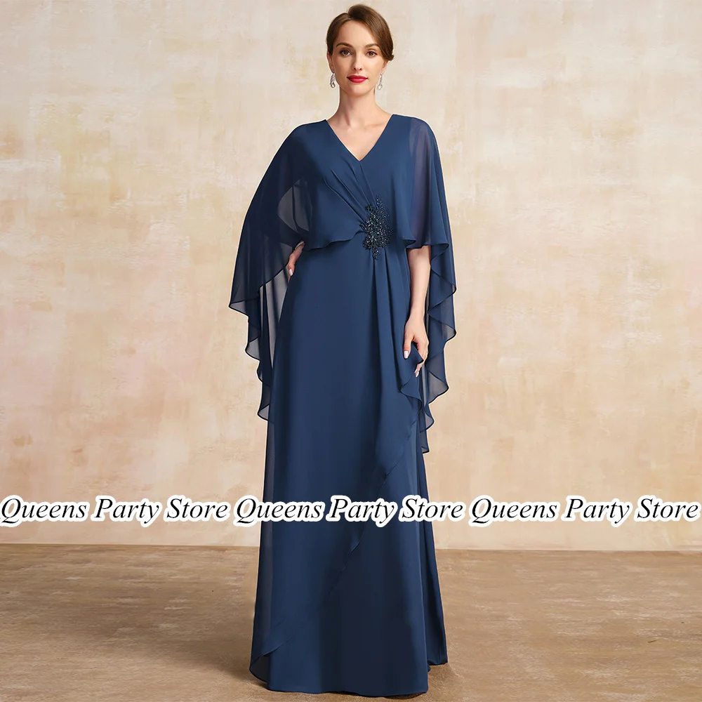 

Dark Blue Mother of The Bride Dress with Cape V Neck Sleeveless Beading Chiffon Floor Length Wedding Guest Gown Evening Dresses